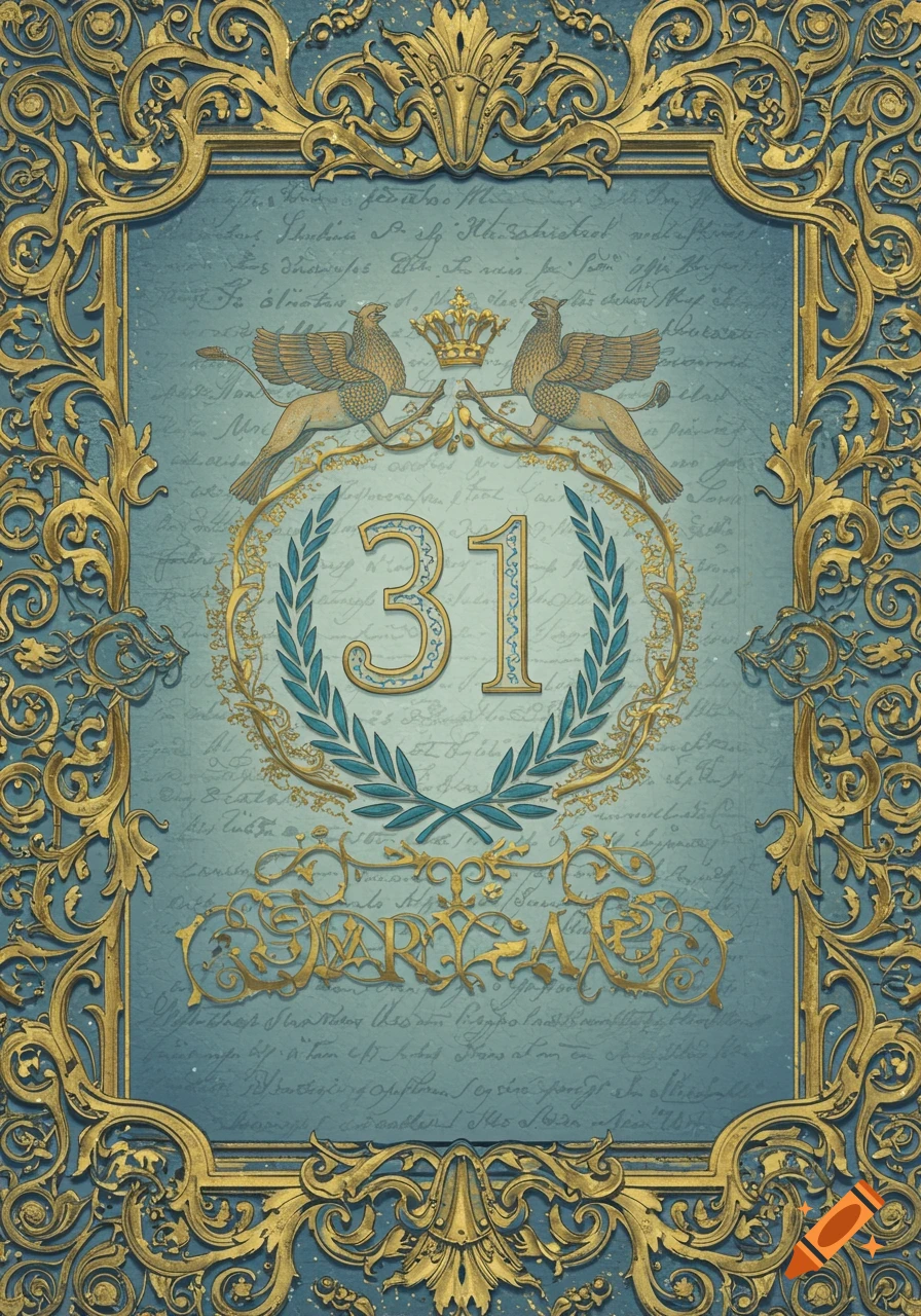 An ornate baroque-style birthday card for Arya's 31st birthday, featuring gold scrollwork, two griffin-like creatures, a crown, and the number 31 on a teal background.