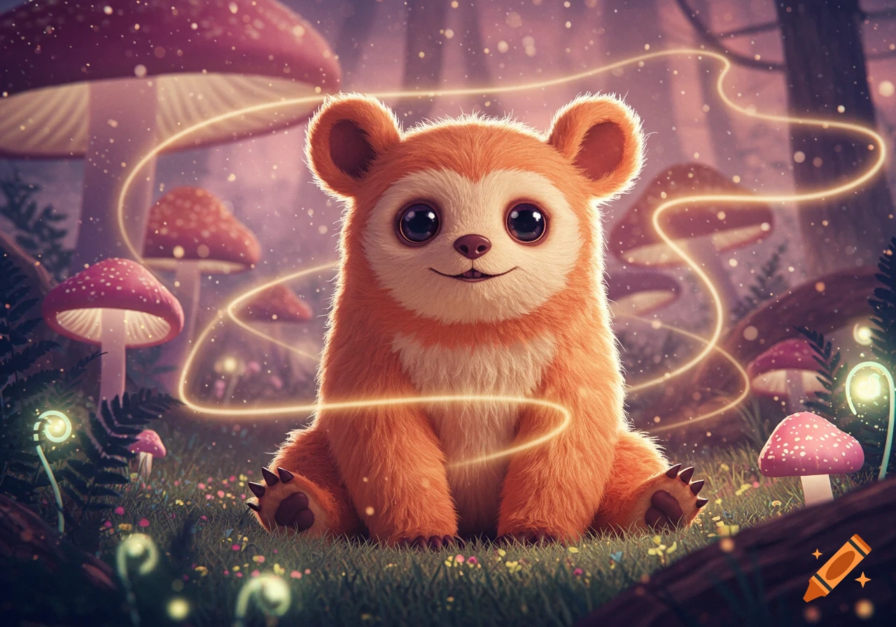 A cute orange fluffy creature with big eyes sits in a whimsical forest among glowing mushrooms and magical light trails.