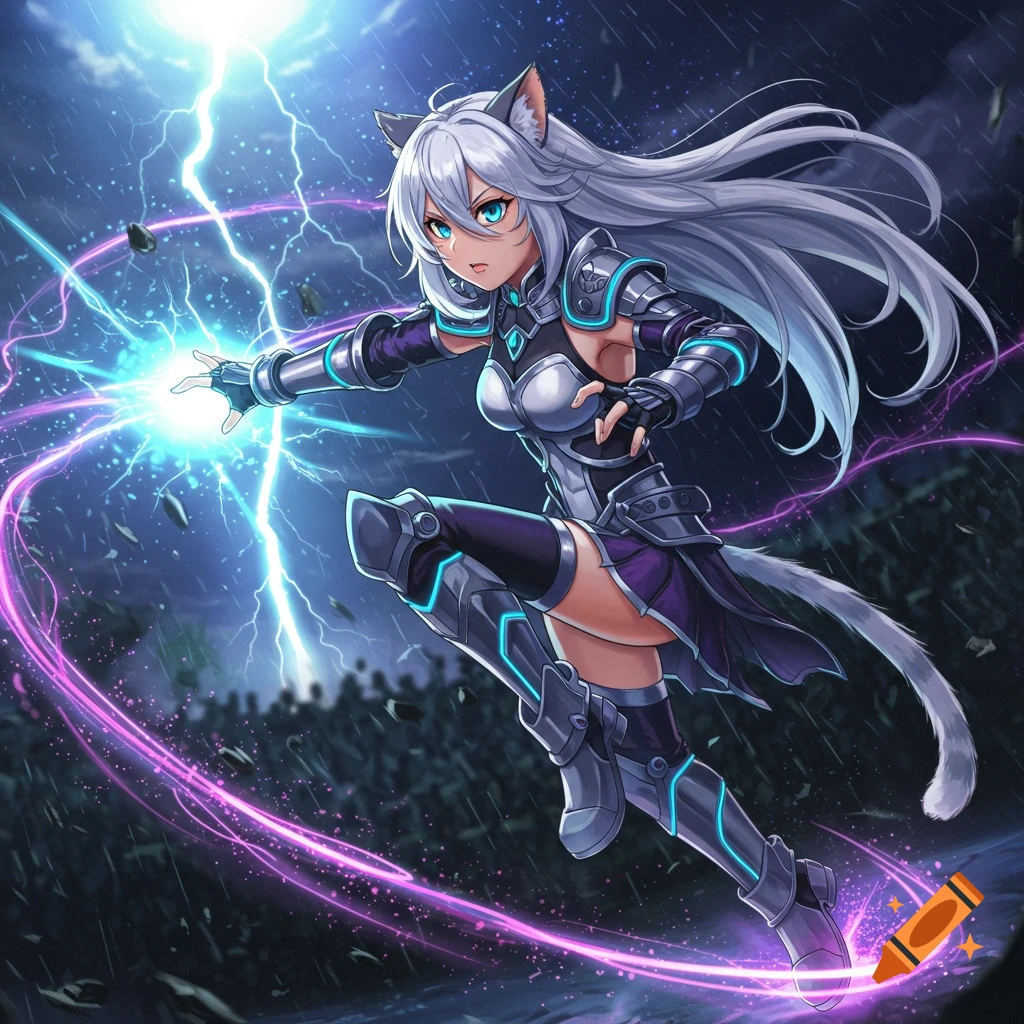 An anime-style cat girl with white hair and ears in armor, casting a blue lightning spell in the rain.