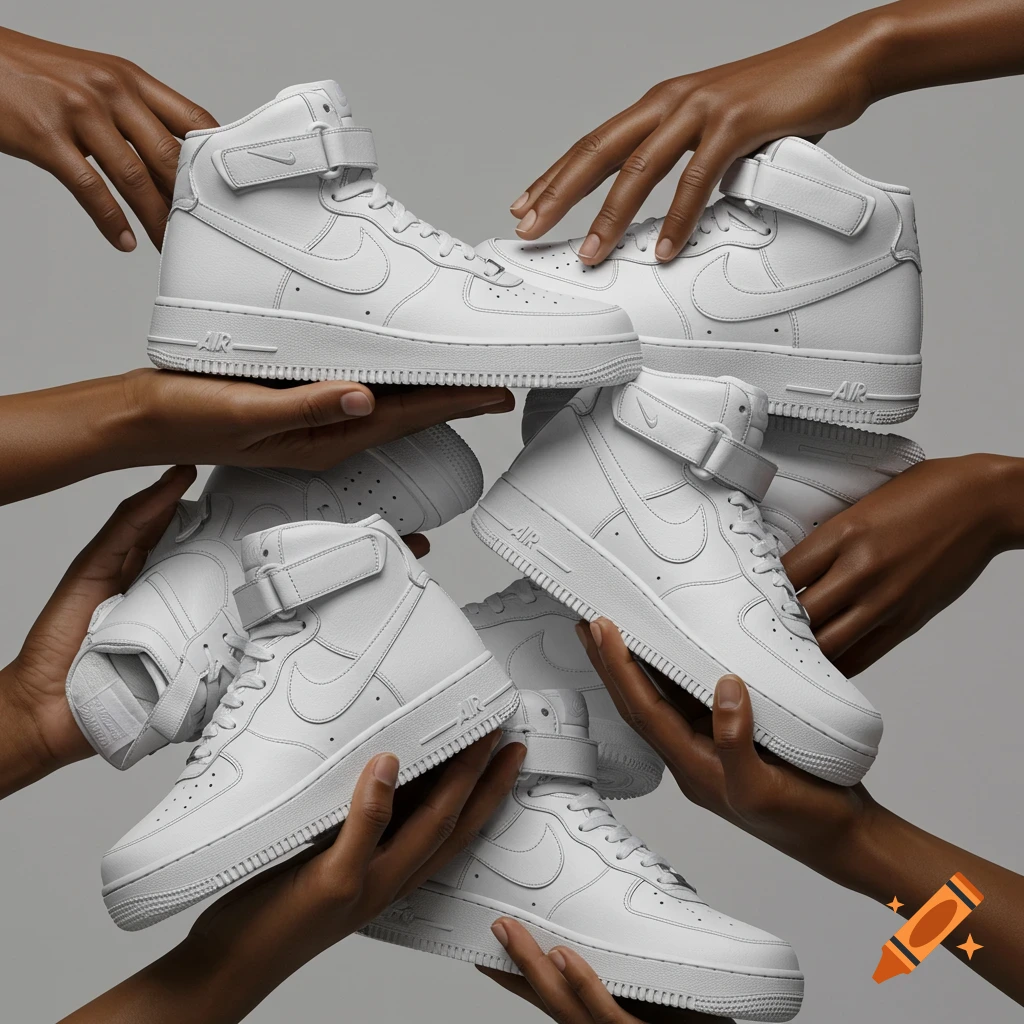 Multiple dark-skinned hands holding several pairs of white Nike Air Force 1 high-top sneakers against a light gray background.