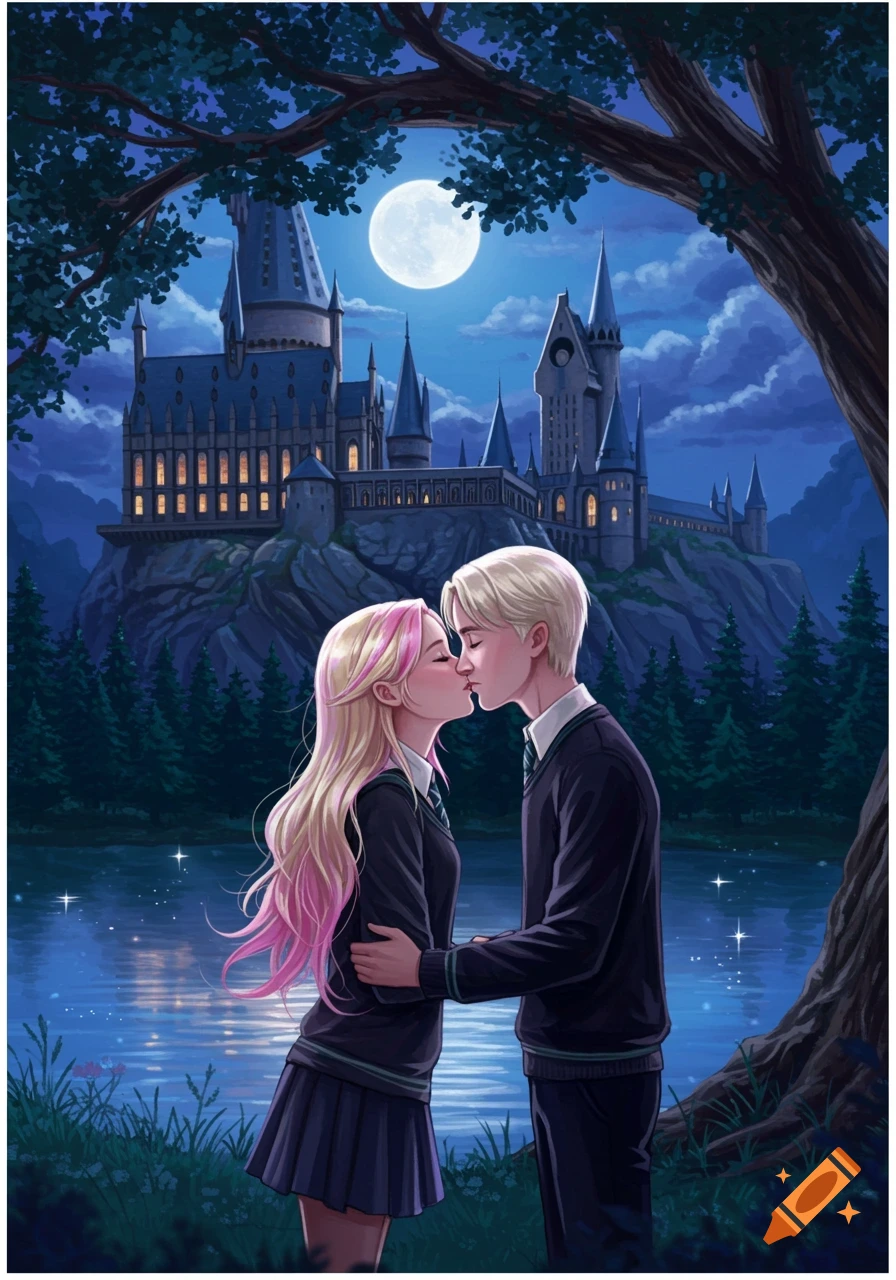 Illustration of Draco Malfoy and a girl with blonde and pink hair kissing under a tree by a lake, with Hogwarts Castle and a full moon in the background.