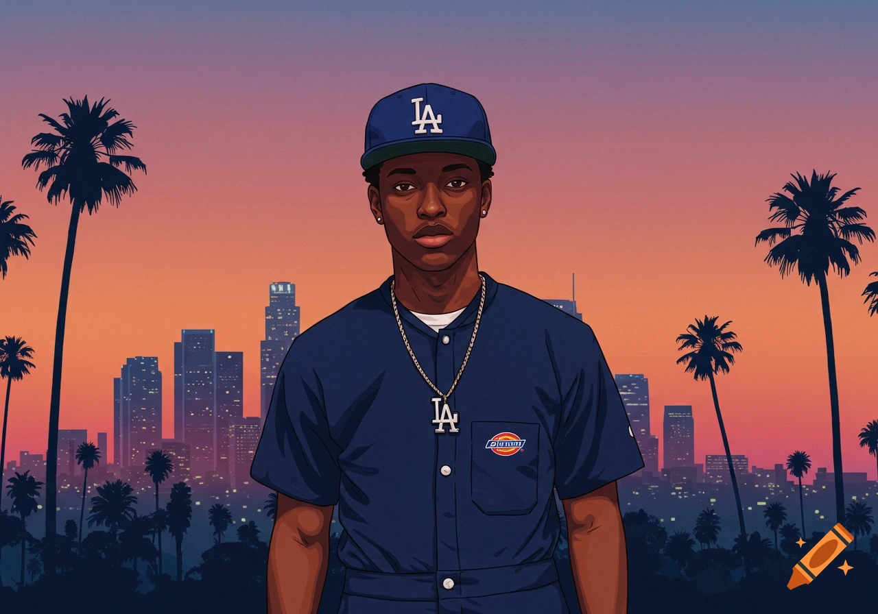 An illustrated portrait of a young man wearing a blue LA baseball cap, blue shirt with a Dickies logo, and an LA chain, standing in front of a Los Angeles cityscape at sunset.