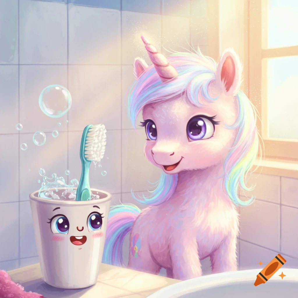 A cute pink unicorn with a rainbow mane and tail stands in a bright bathroom, looking at a white cup with a smiling face and a toothbrush inside.