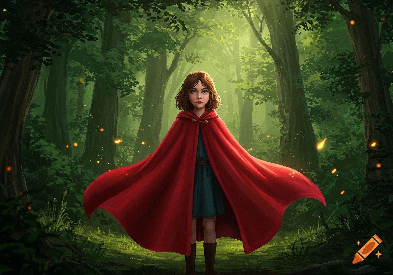An illustration of a young girl with brown hair wearing a flowing red cape and a blue dress, standing in a sunlit, mystical forest.
