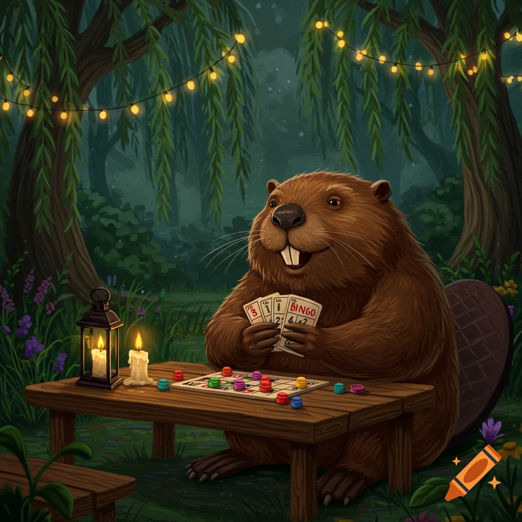 A smiling cartoon beaver plays bingo at a wooden table in a forest at dusk, lit by glowing string lights.