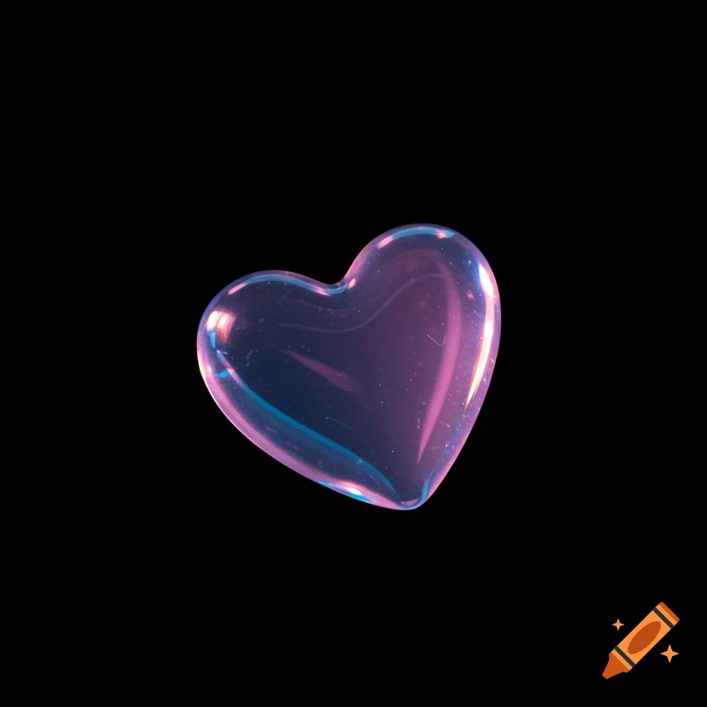 Glowing iridescent glass heart against a black background.
