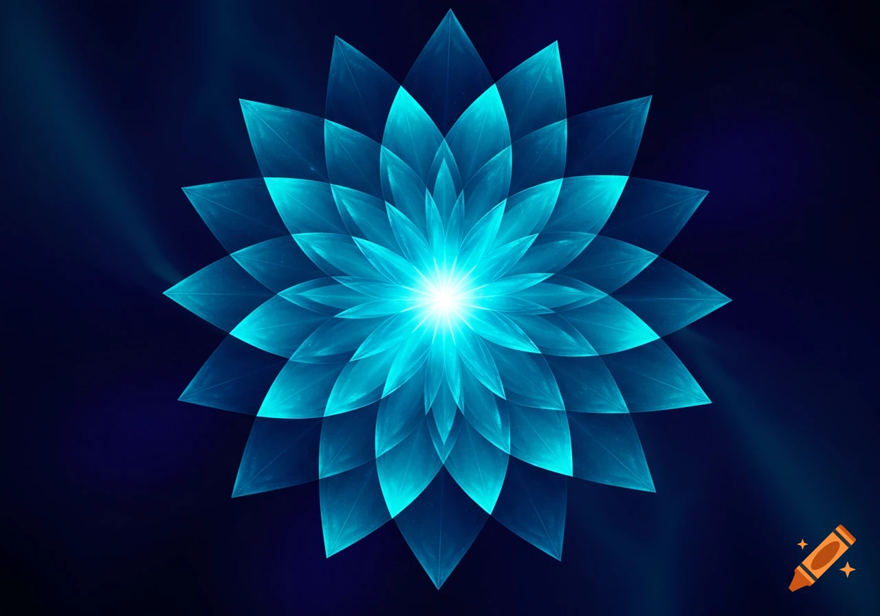 A vibrant blue abstract geometric flower with a glowing center on a dark background.