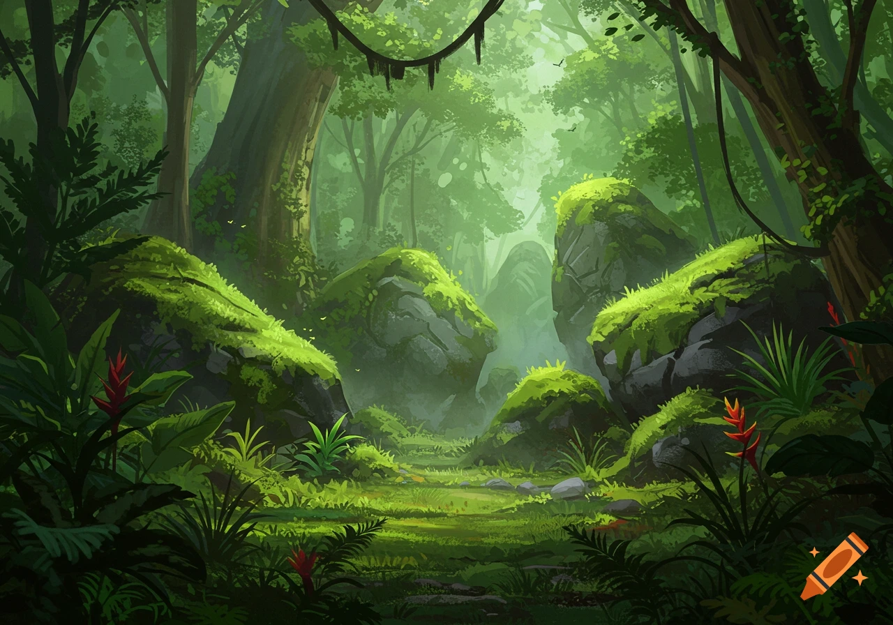 Lush green jungle scene with moss-covered rocks and a winding path, illuminated by soft light.