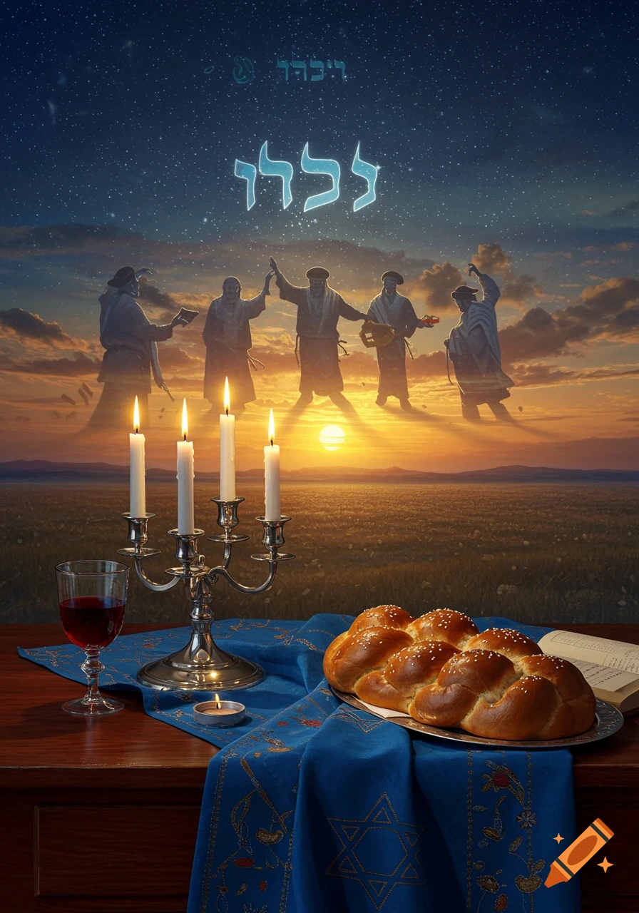 A surreal painting of a Shabbat table with lit candles, challah bread, and wine. Above, ethereal figures dance over a sunset landscape with Hebrew text in a starry sky.