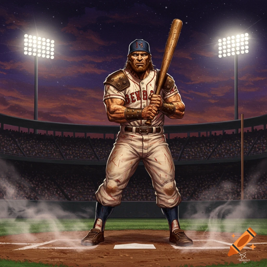 A powerful, barbarian-like baseball player in a dirty uniform holds a bat in a stadium with bright lights at dusk.