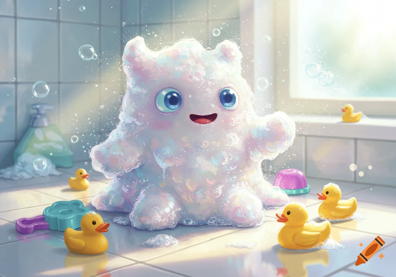 A cute, bubbly monster made of soap suds smiles in a brightly lit bathroom, surrounded by rubber duckies and bubbles.