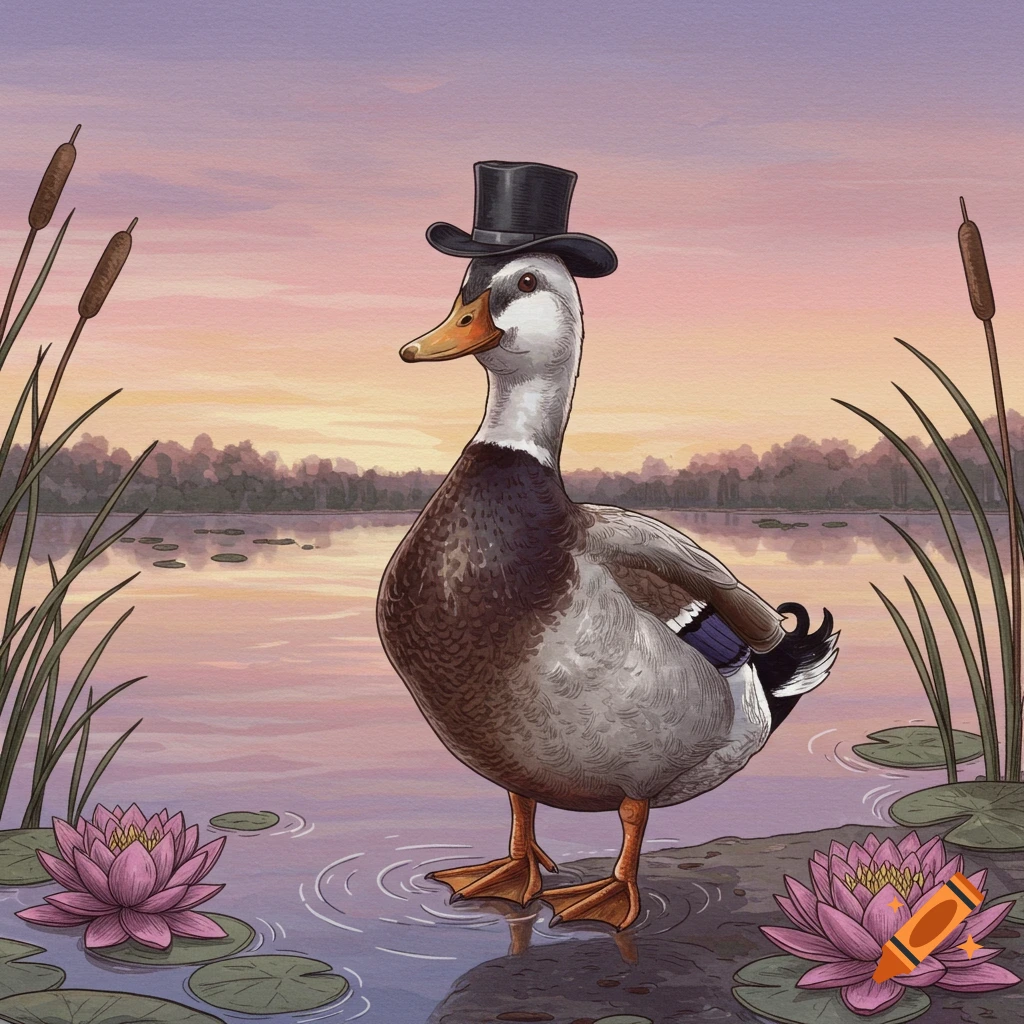 A mallard duck wearing a black top hat stands by a pond with lily pads and cattails at sunset.