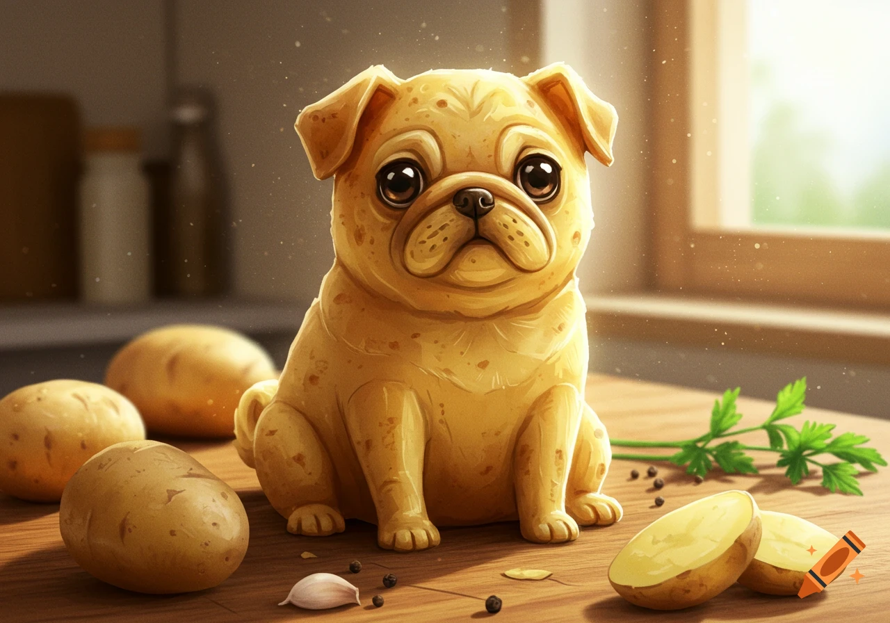 A cute illustrated pug dog made of potato sitting on a kitchen counter with potatoes, garlic, and peppercorns.