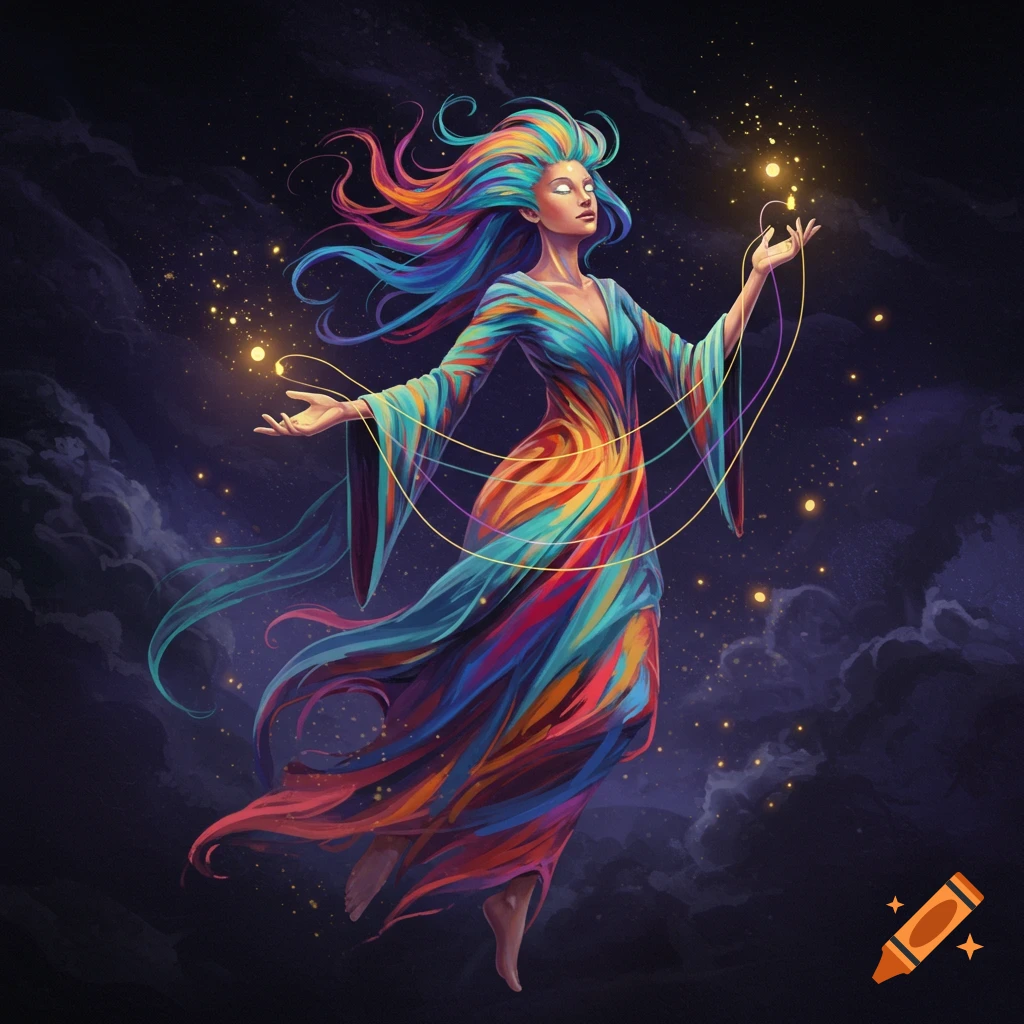 A woman with vibrant rainbow hair and a flowing, colorful dress floats in a starry sky, holding glowing golden lights with colorful strings.