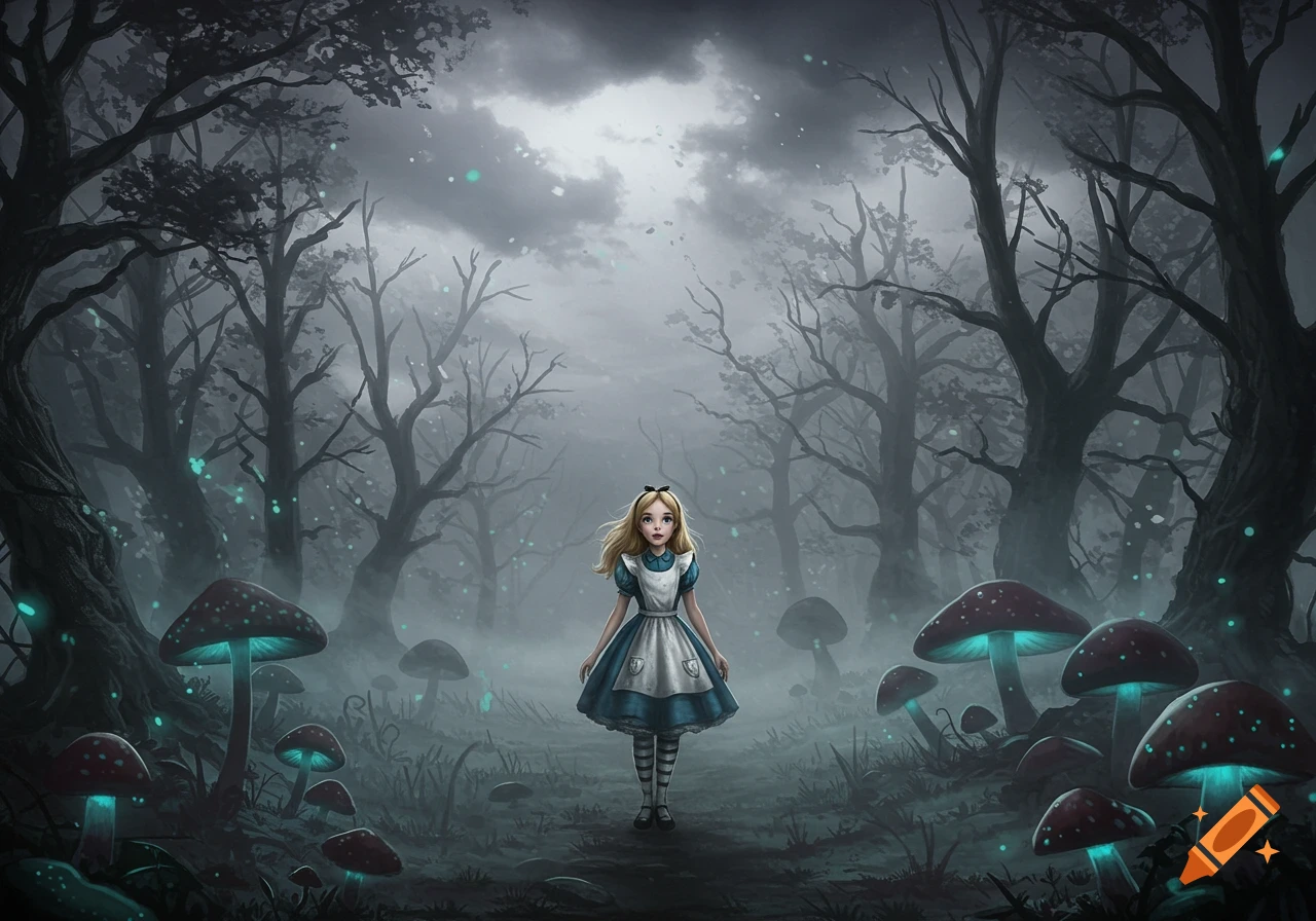 Alice in Wonderland walks through a dark, misty forest illuminated by glowing blue mushrooms, in a gloomy, fantastical style.