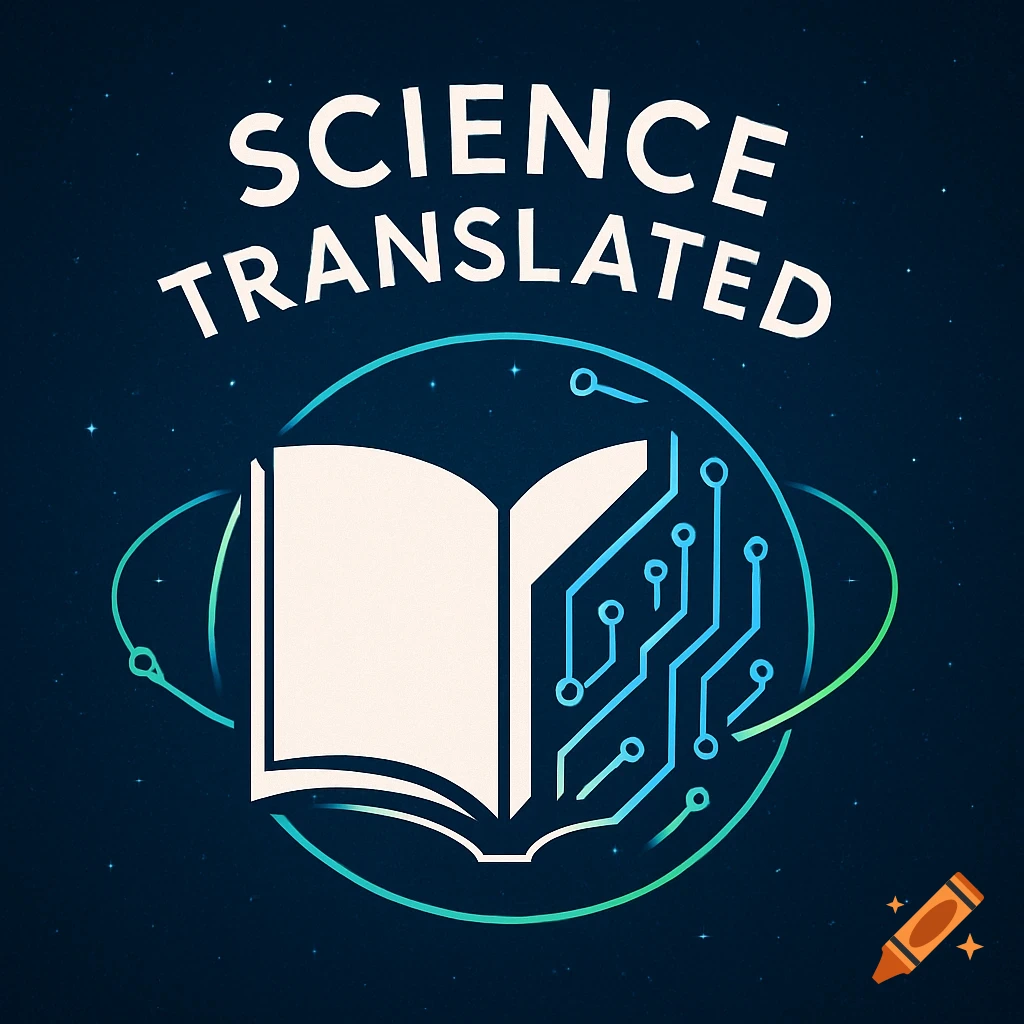 A logo for 'Science Translated' podcast, featuring an open book merging with a circuit board, encircled by a glowing orbit on a starry background.