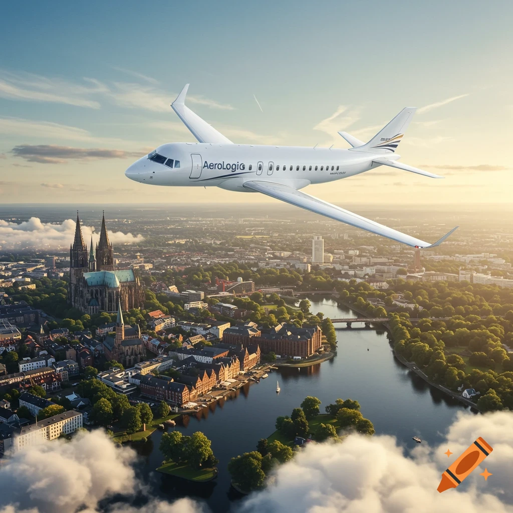 A white AeroLogic aircraft flies over a European city with a large Gothic cathedral, river, and green trees at sunset.