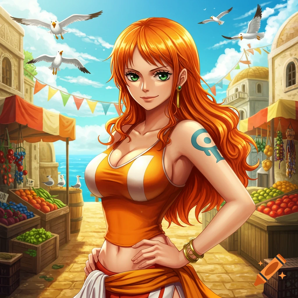 An anime character with long orange hair and green eyes, wearing an orange top and skirt, standing in a vibrant seaside market.