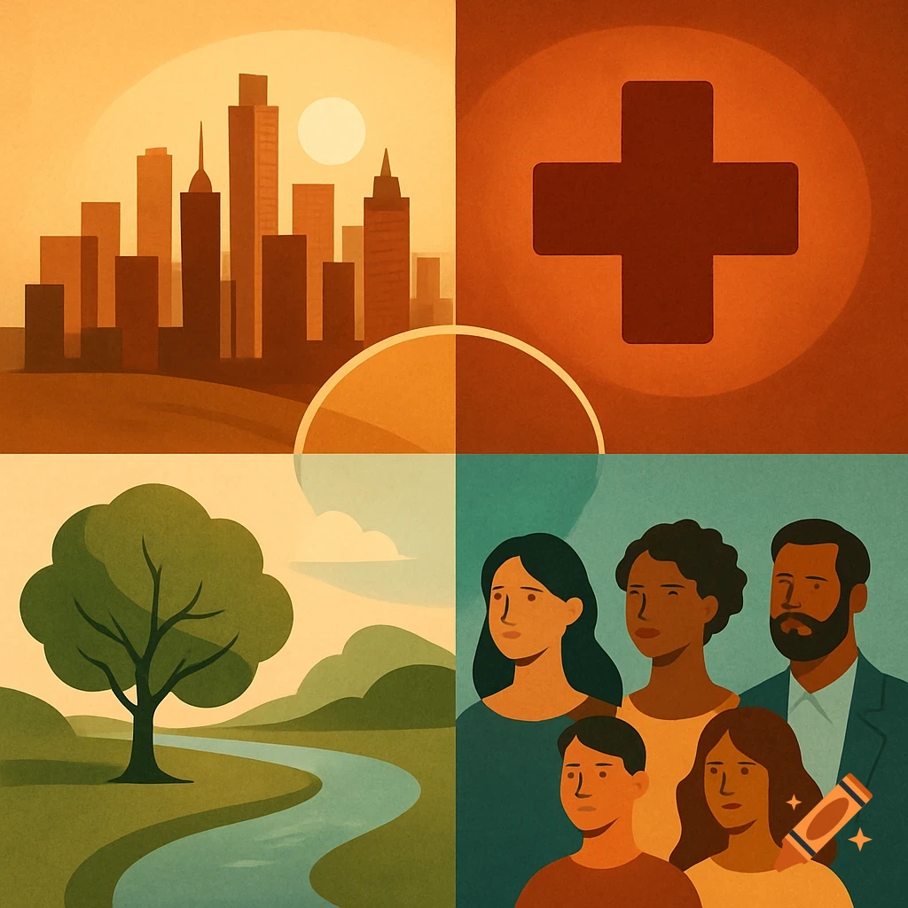 A four-quadrant infographic with a city skyline, a medical cross, a tree and river, and a diverse group of people, in a minimalist, flat design style.