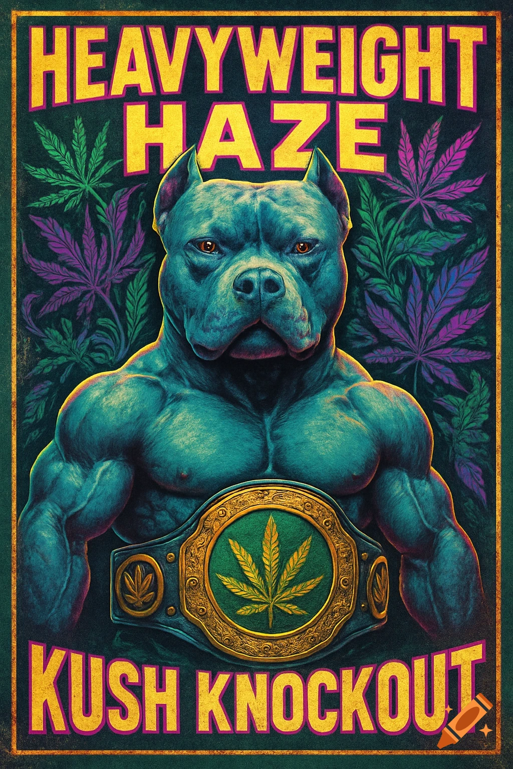 A stylized poster featuring a muscular blue-grey pitbull wearing a wrestling championship belt with a cannabis leaf emblem. Text reads "HEAVYWEIGHT HAZE" and "KUSH KNOCKOUT" with cannabis leaves in the background.