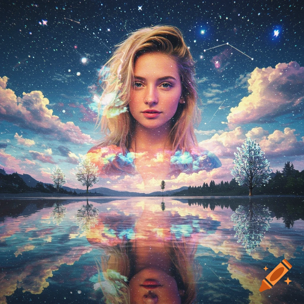 A woman's face blends with a starry sky and colorful clouds, reflected in a still lake with trees.