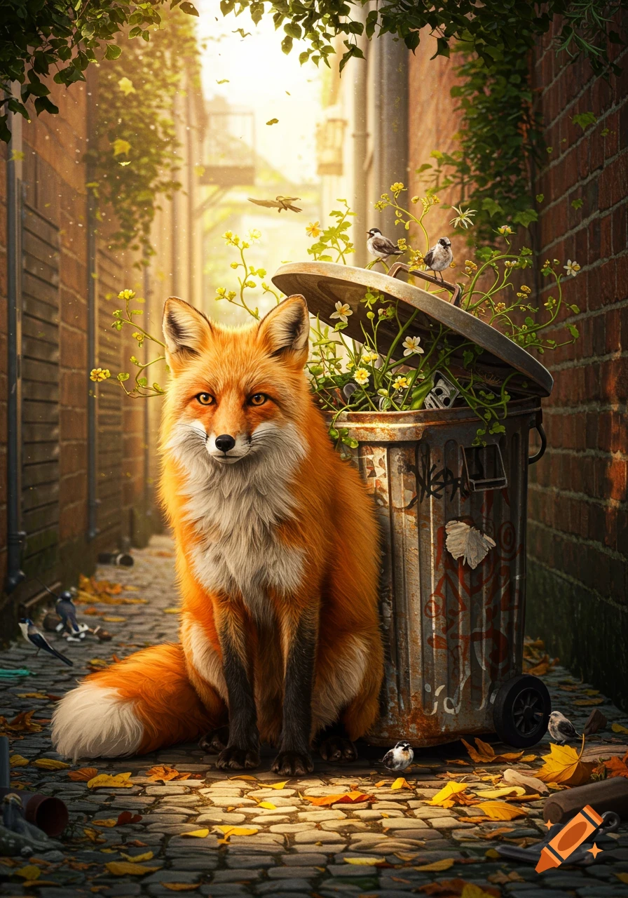 A photorealistic red fox sits on a cobblestone path in a sunlit alley next to a trash can overflowing with green plants.