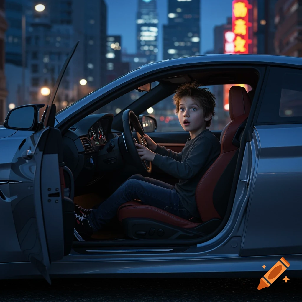A young boy with wide eyes sits in the driver's seat of a silver sports car at dusk, with city lights in the background.