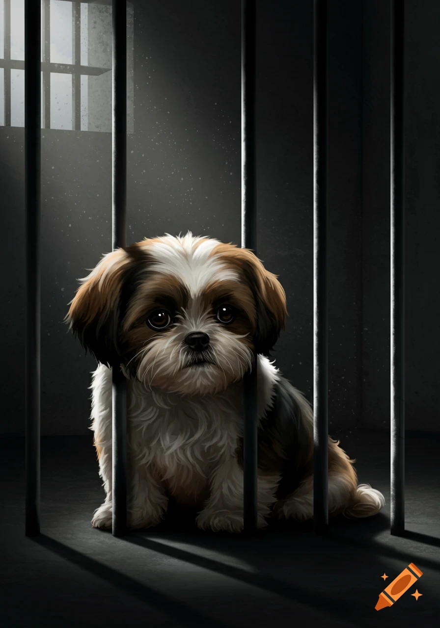 A sad-looking Shih Tzu dog sits behind dark prison bars, with light casting shadows from a barred window.