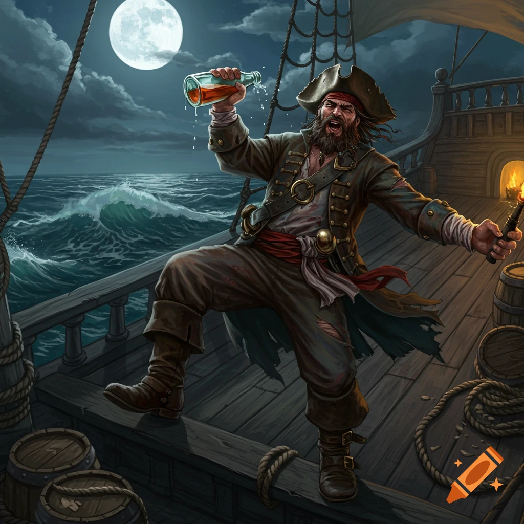 A grizzled pirate, holding a bottle and torch, stands on a ship deck at night under a full moon.