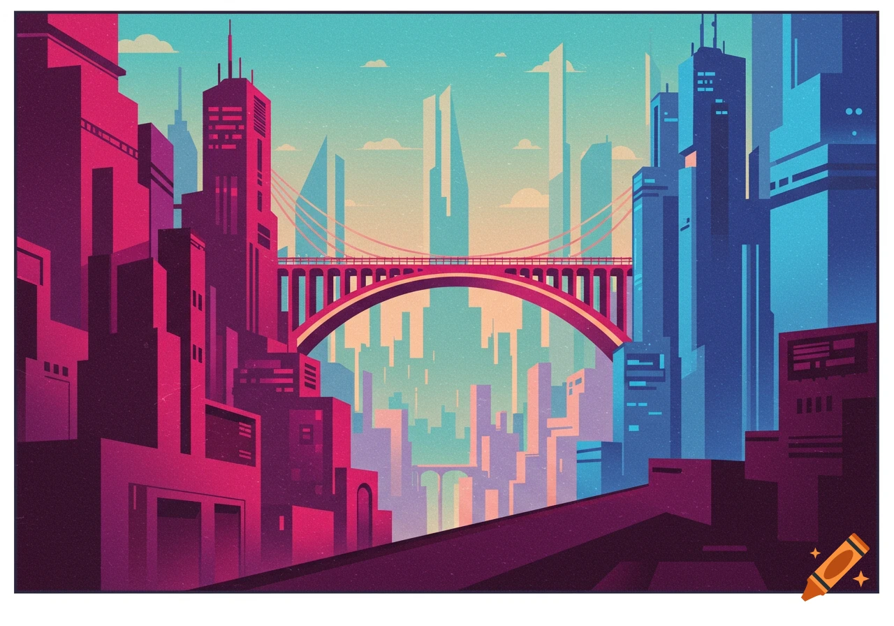 Abstract risograph illustration of a futuristic cityscape with tall buildings in pink and blue, connected by an arched bridge.