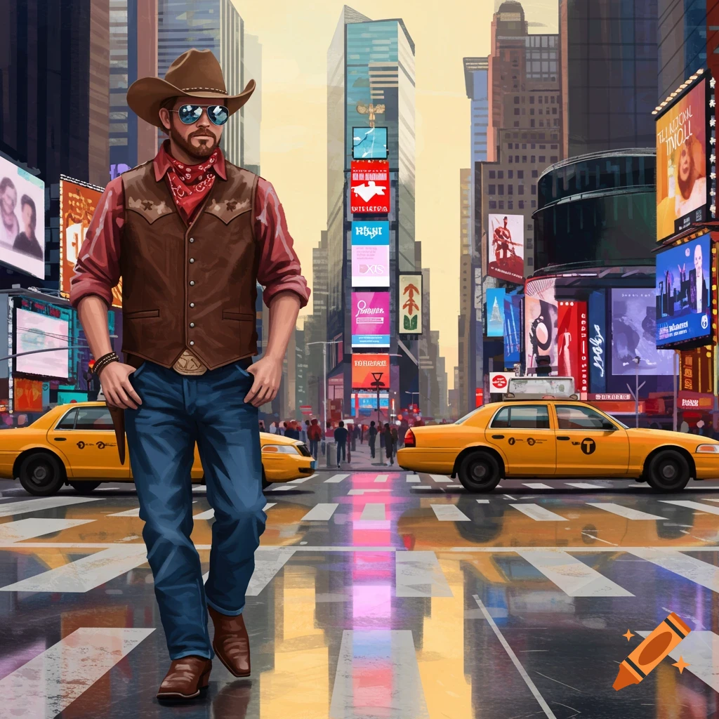 A man in a cowboy hat and vest walks across a pedestrian crossing in a busy city intersection with yellow taxis and large billboards, in an illustrative style.