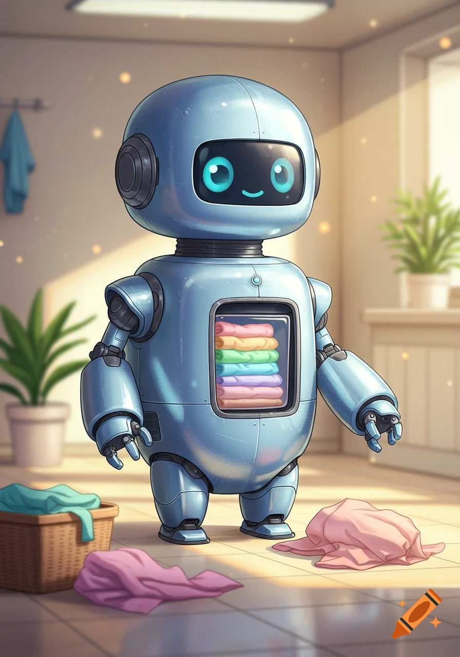 Cute blue robot with folded clothes in its chest and unfolded laundry on the floor in a bright room.