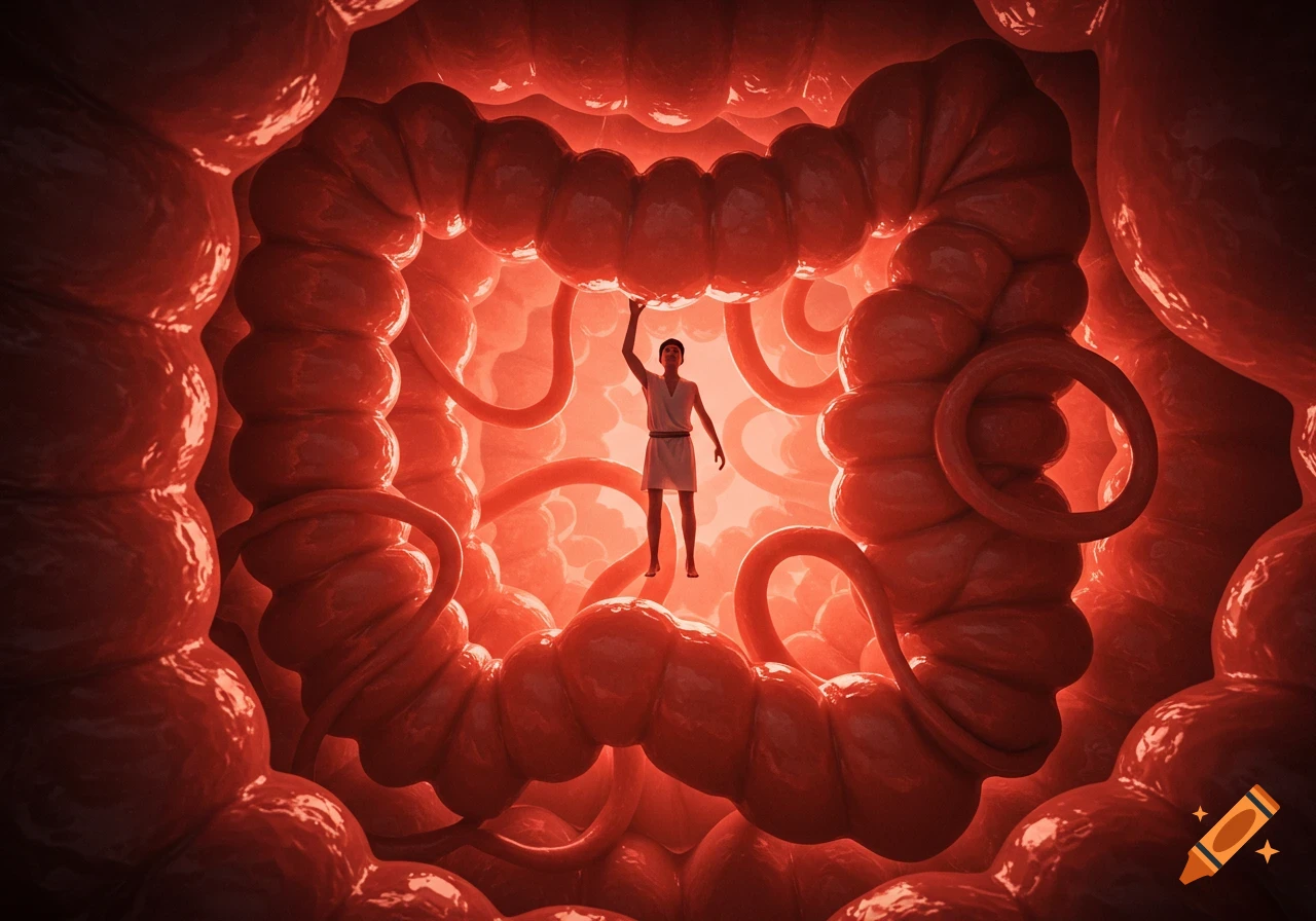 A small person in a tunic stands inside a giant, red, fleshy intestine, surrounded by worm-like tubes.