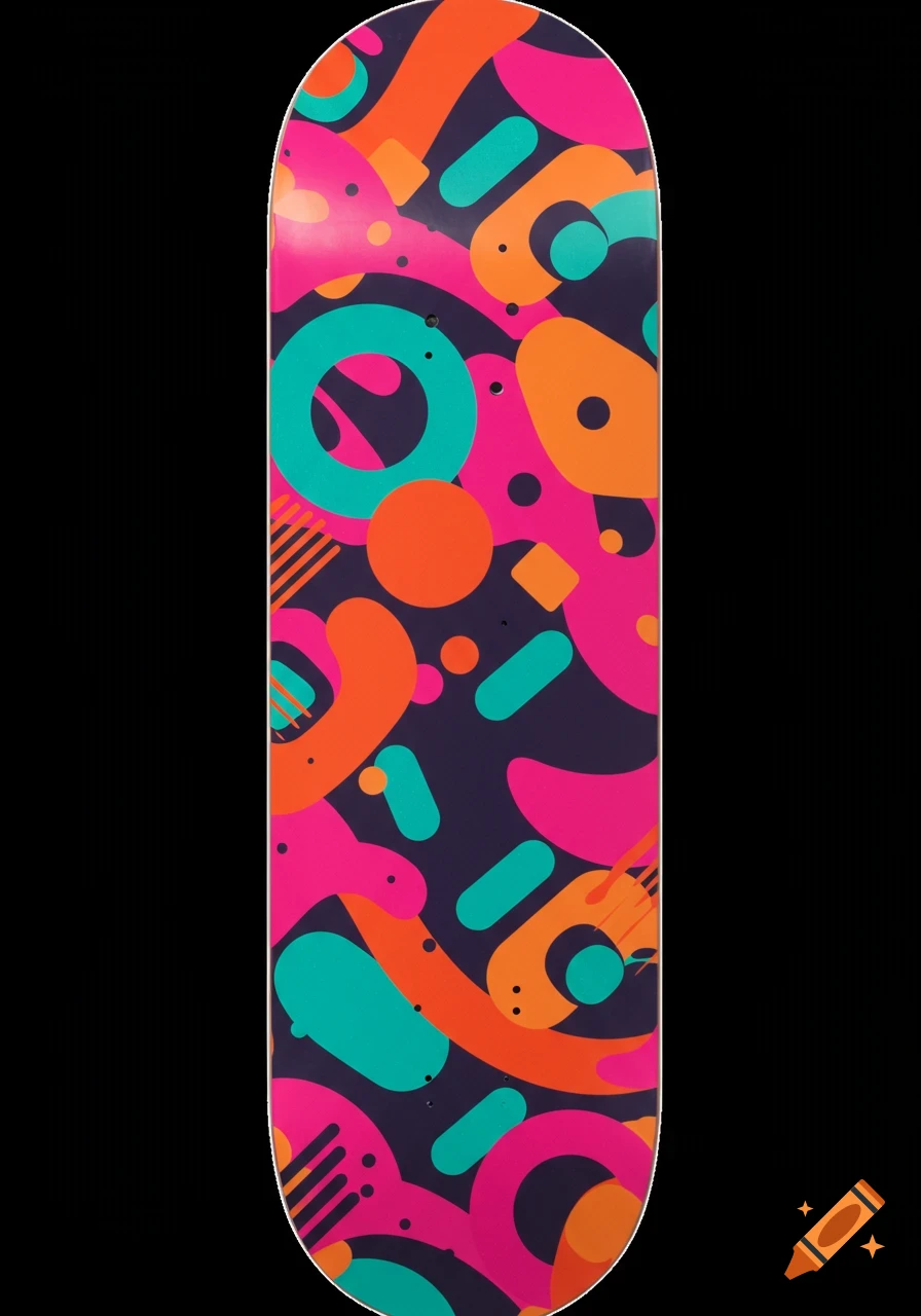 A skateboard deck with an abstract pattern of colorful geometric and organic shapes in pink, orange, and teal.
