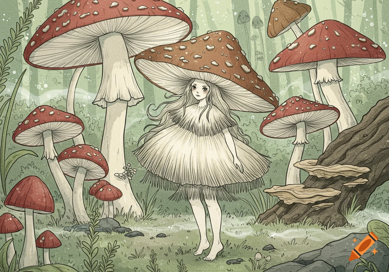 An illustration of a girl with a mushroom cap hat and a mushroom-inspired dress, standing barefoot in a vibrant mushroom garden.
