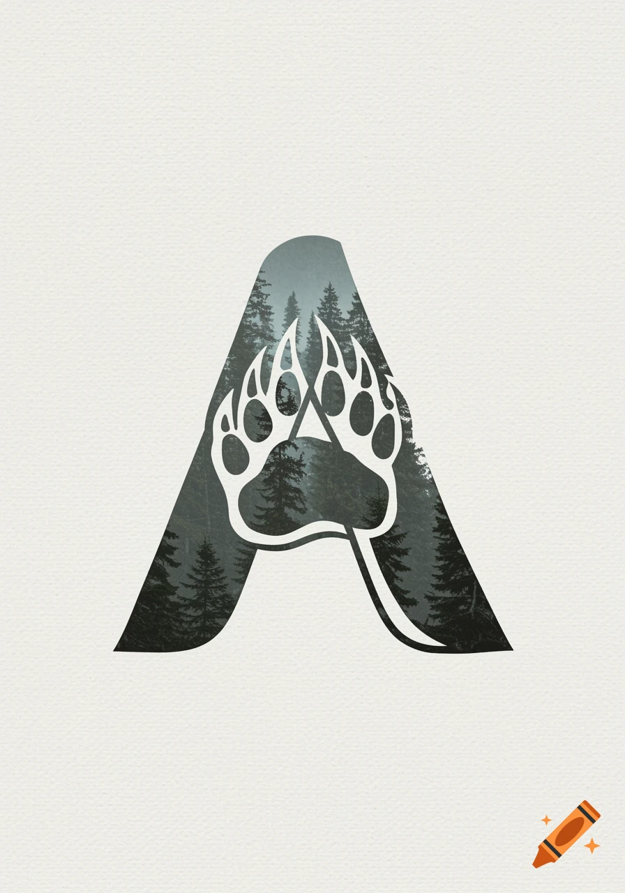 A stylized capital letter A with a forest silhouette inside and a white bear paw print overlaid on top.