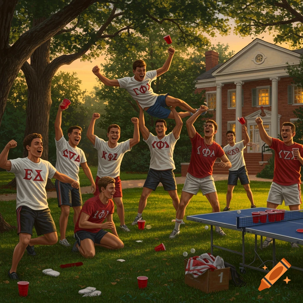 A group of young men cheering and playing beer pong on a sunny lawn outside a large building, some wearing fraternity shirts.