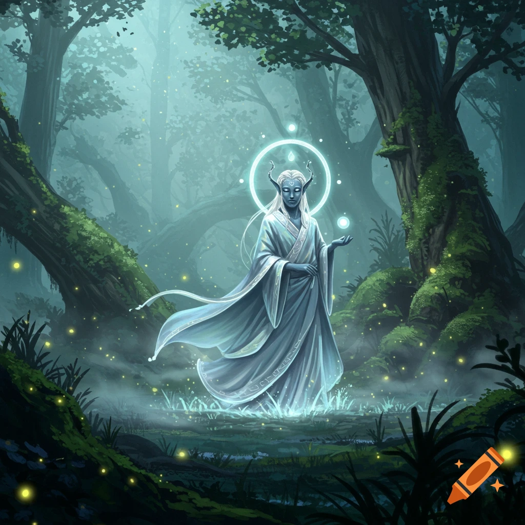 An ethereal blue-skinned horned being with a glowing halo stands in a misty, enchanted forest, holding a light orb. Digital art.