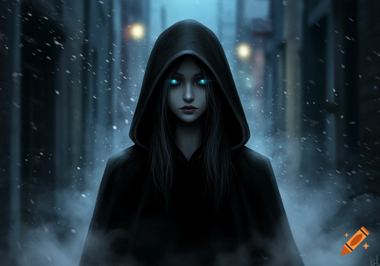 A digital painting of a mysterious girl in a black hood with glowing blue eyes, standing in a snowy, dark alley.
