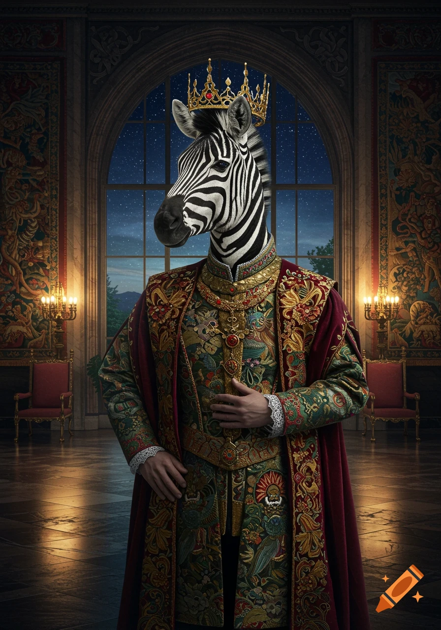 Photorealistic zebra in a crown and elaborate royal garments stands in a grand palace hall at night.