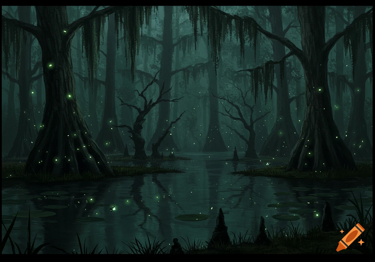 A dark, calm swamp scene with large trees covered in moss and many glowing green fireflies or bugs floating over the water.