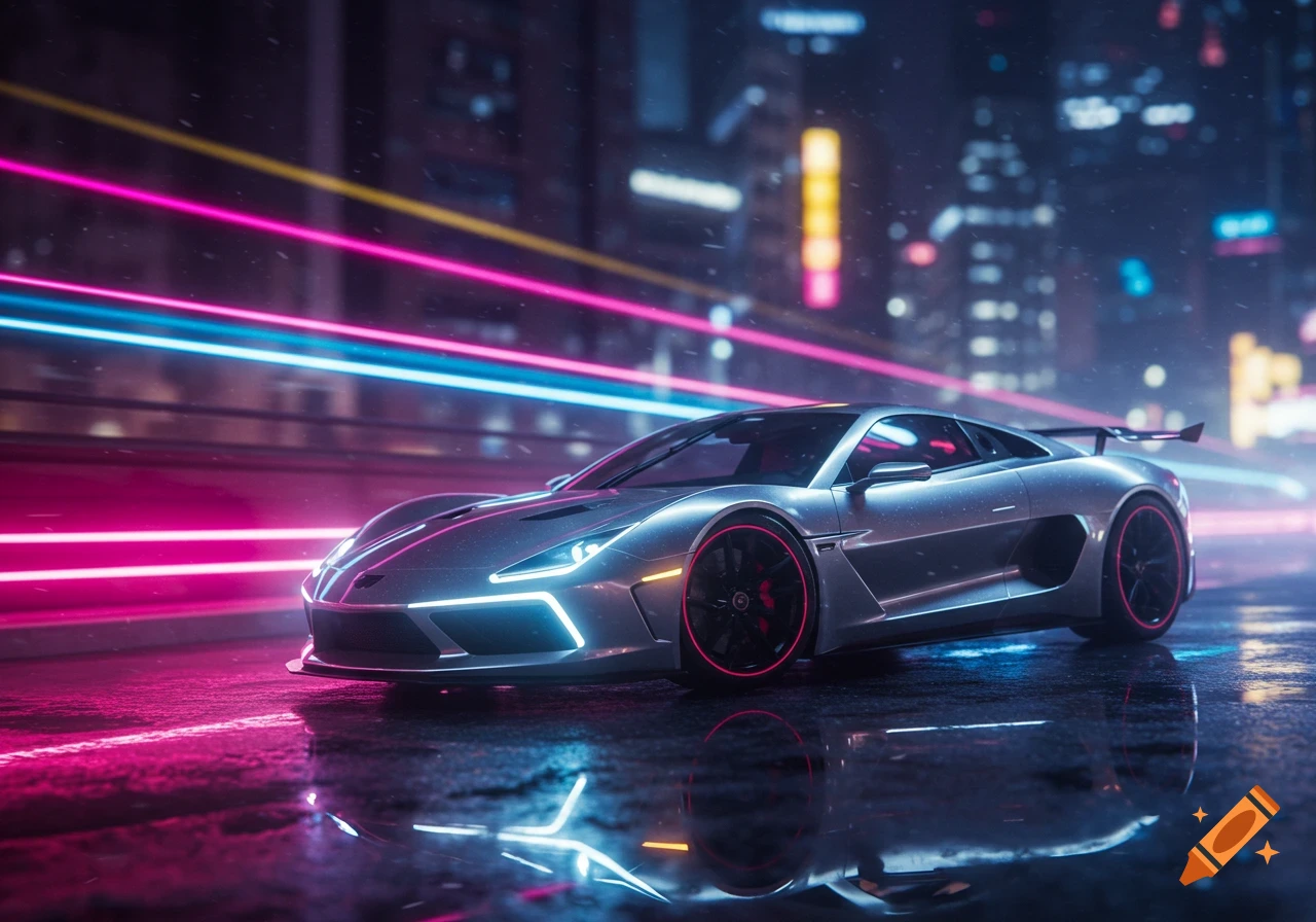 A sleek silver sports car on a wet city street at night, illuminated by vibrant pink and blue neon light trails.
