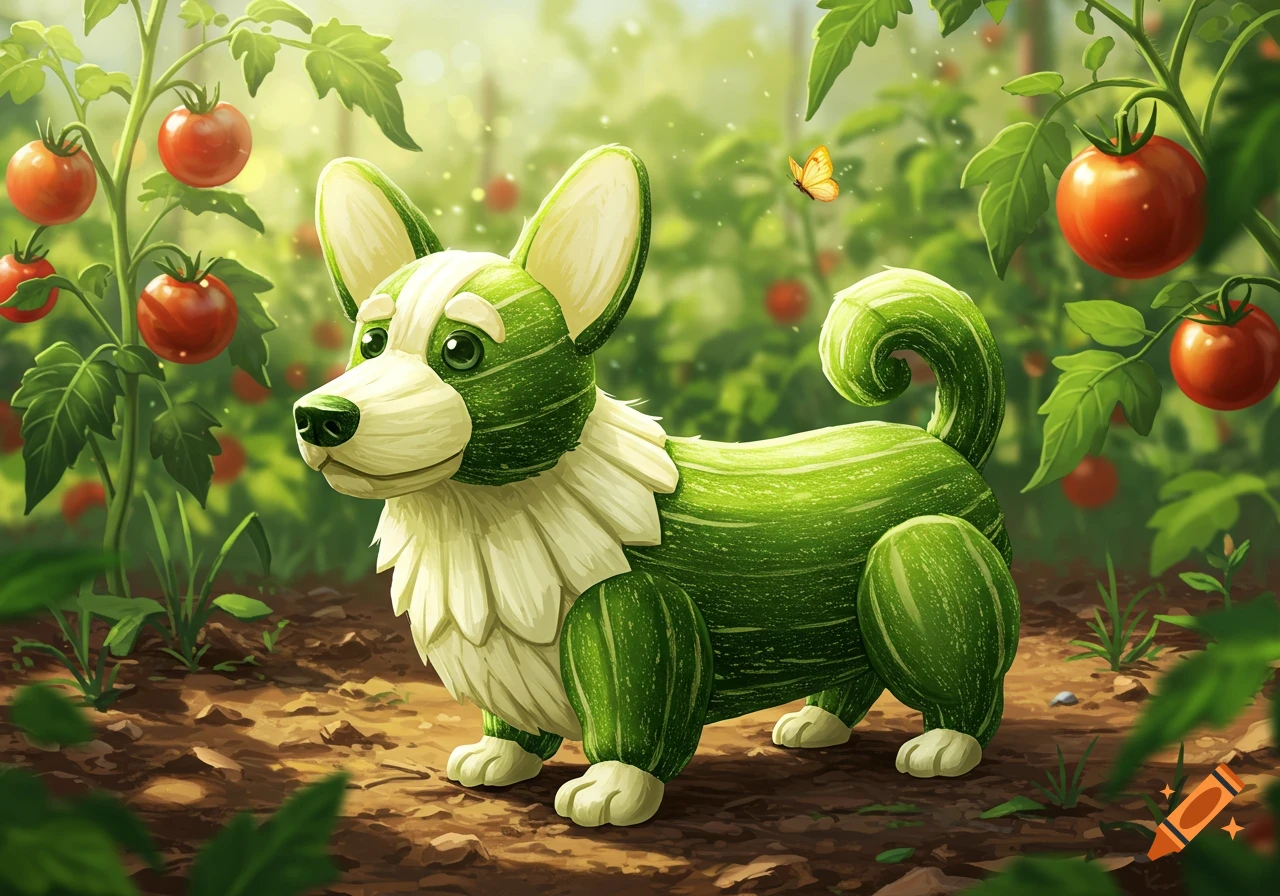 A cute green corgi dog made of zucchini stands in a sunlit garden with tomato plants and a butterfly.