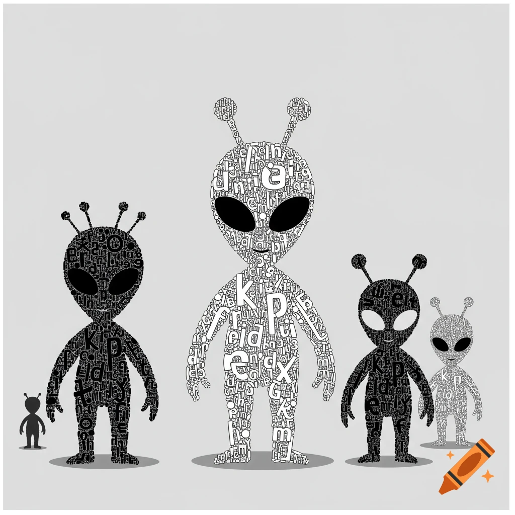 A minimalist illustration of five alien figures, each composed entirely of black or white typographic letters and symbols against a light gray background.