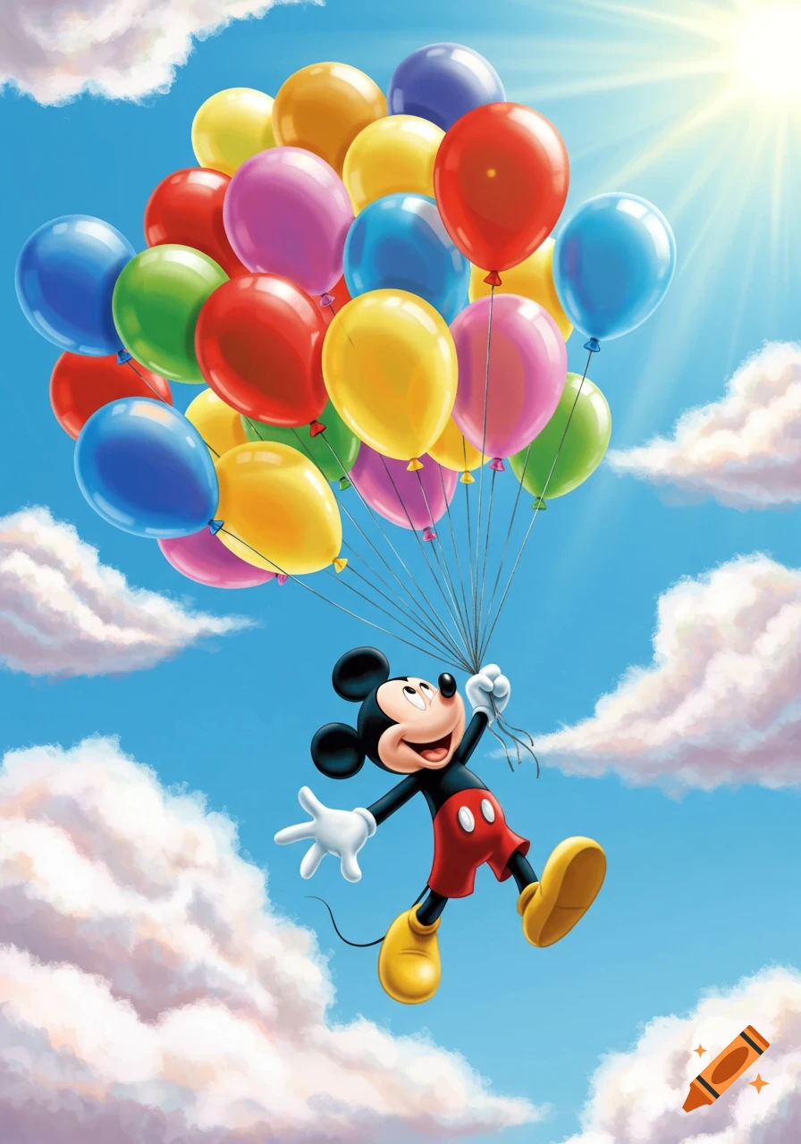 Mickey Mouse flies happily in a bright blue sky, holding a large bunch of colorful balloons. Cartoon illustration.
