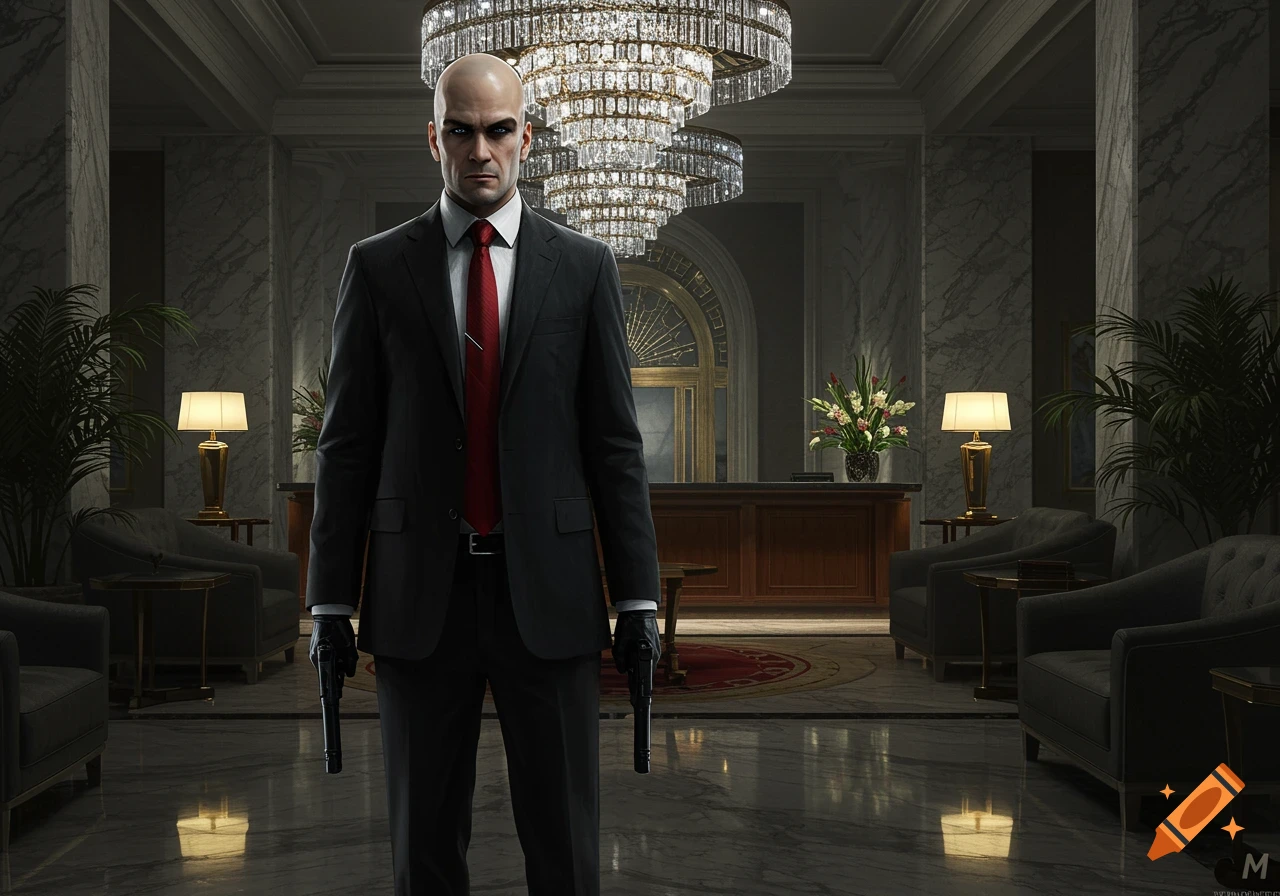 A photorealistic image of Agent 47 from Hitman, a bald man in a black suit and red tie, holding two pistols, standing in a luxurious hotel lobby.