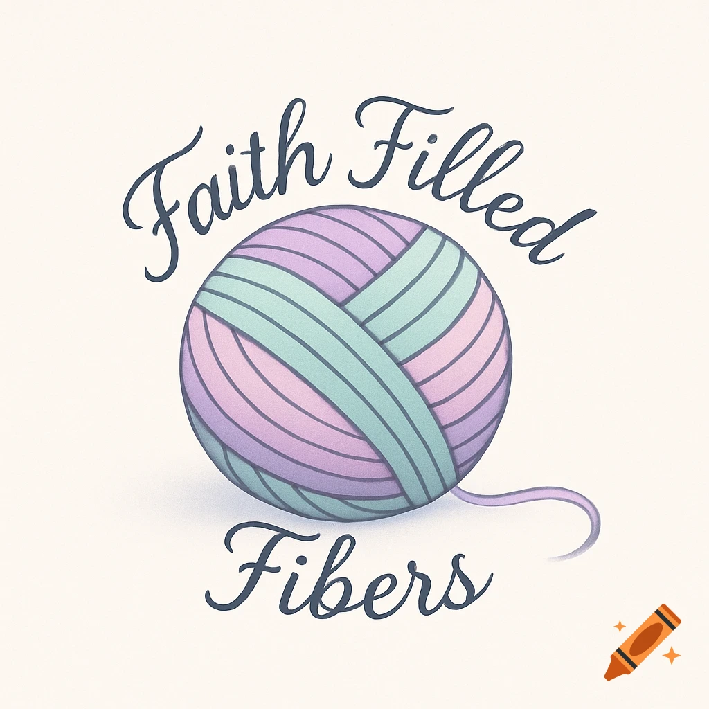 A clean illustrative logo featuring a pastel-colored ball of yarn with the text 'Faith Filled Fibers'.