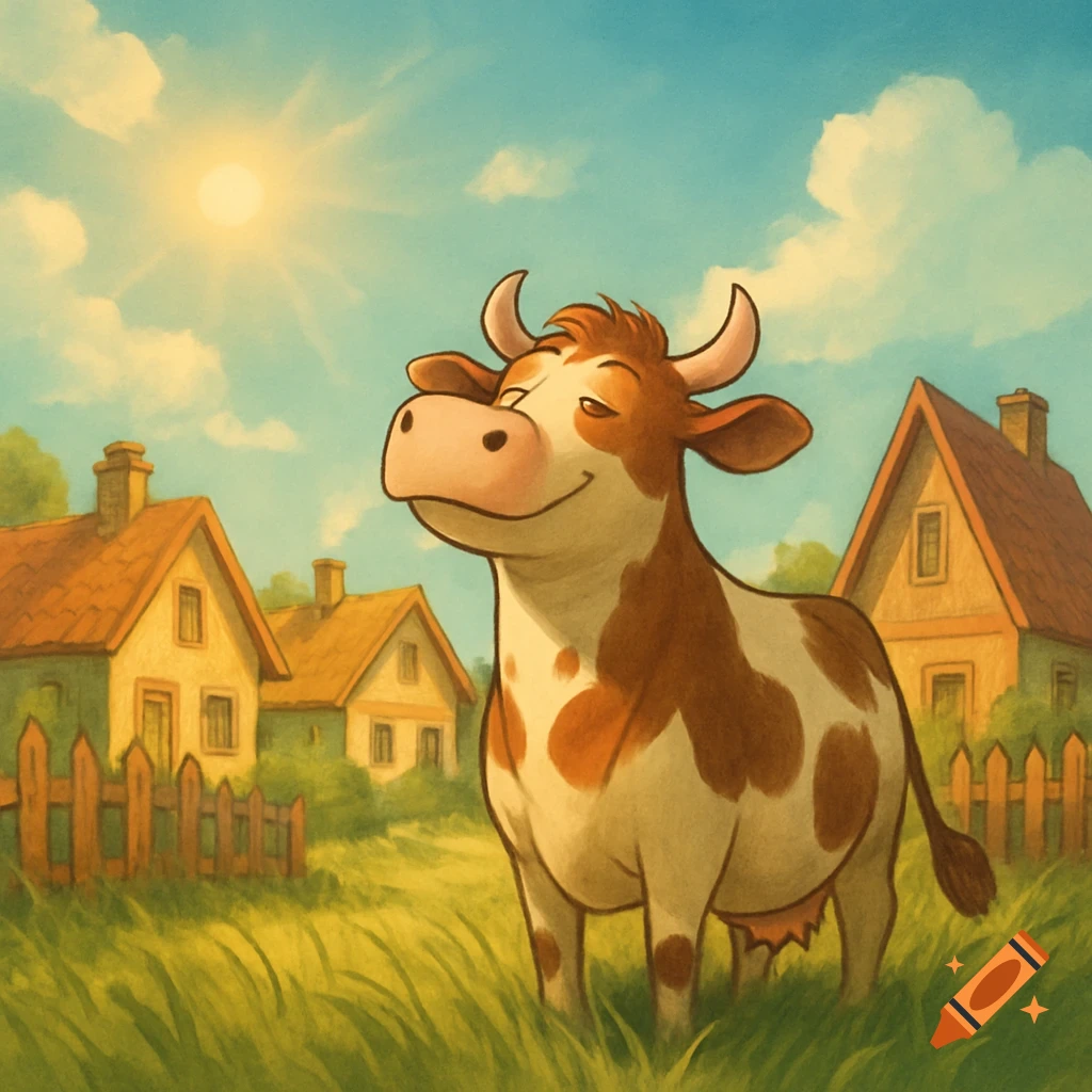 A happy, cartoon-style brown and white cow stands in green grass under a sunny blue sky with clouds, with houses and a fence in the background.
