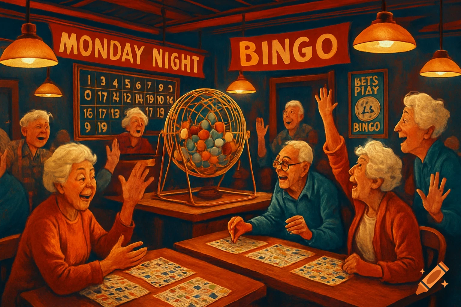 A vibrant painting depicts cheerful elderly people playing bingo in a lively room, with Bingo signs and a number board.