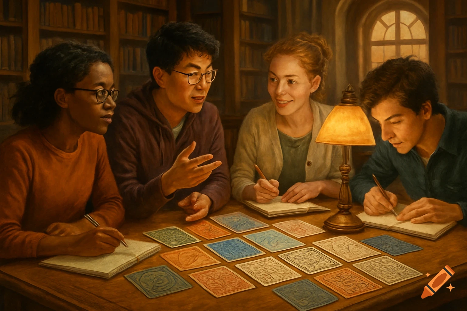 Four students gather around a table in a library, illuminated by a lamp, discussing abstract cards laid out before them. Two students are writing in notebooks.